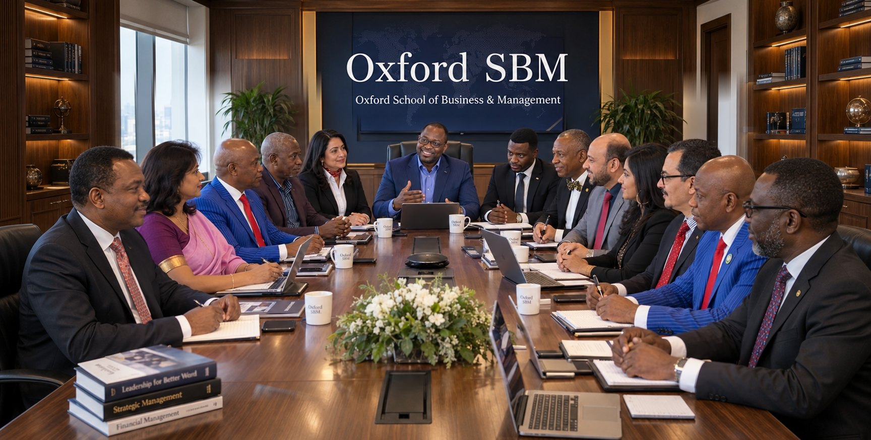 Oxford School of Business & Management leadership convened around a boardroom table